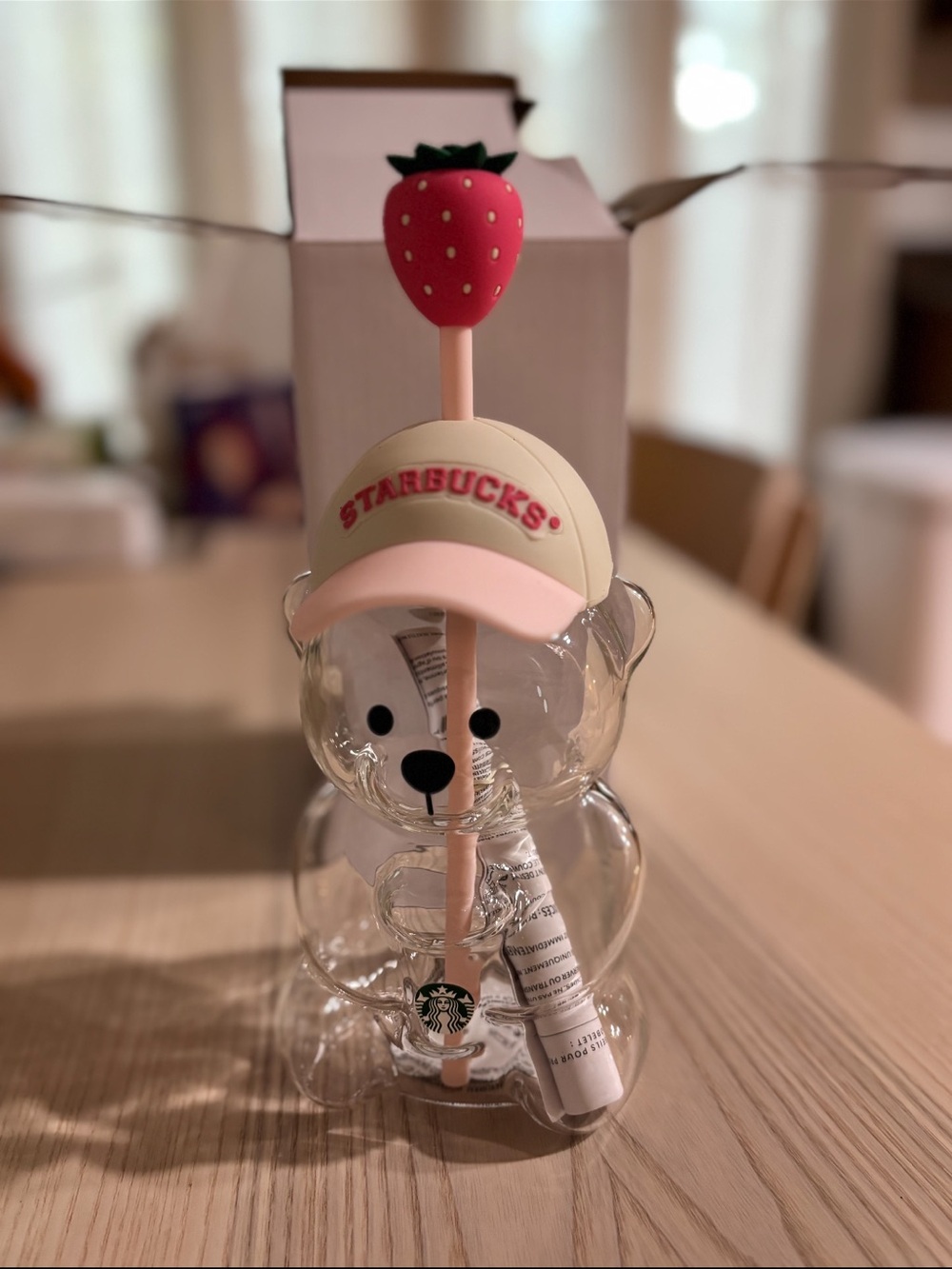 Starbucks Clear Bear Shaped Cup with Pink Strawberry Straw